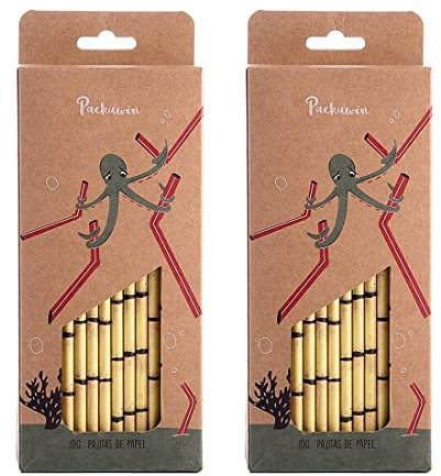 PACKAWIN | Pajitas de papel estilo Bambú / 2 Paquetes de 100 pajitas de papel kraft estilo bambú. / 100% biodegradables y reciclables. / Úsalas en tus bebidas diarias, zumos, batidos, café helado…