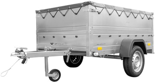 Unitrailer Kippbar 750 kg, Aufbau mit zusätzlichen Bordwänden, Auto 201 Kipp, Stützrad und Grauer Flachplane