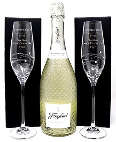 Personalised Pair of Diamante Flutes & Freixenet Prosecco 75cl (No Gift Box)