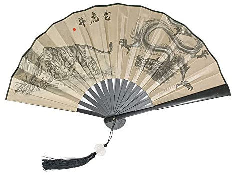 qbodp 2 Pcs Folding Hand Fan for Men,Chinese Vintage Plastic Handle Folding Fan with Tassel Pendant,10 Inches Portable Foldable Fan,Double-Sided Printed Tiger Dragon Pattern