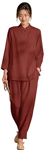 KSUA Damen Kung Fu Kampfsport-Uniformen Tai Chi Kleidung Chinesisch Traditionelle Zen Meditation Anzug Morgen Übungen Outfit, dunkelrot, 36