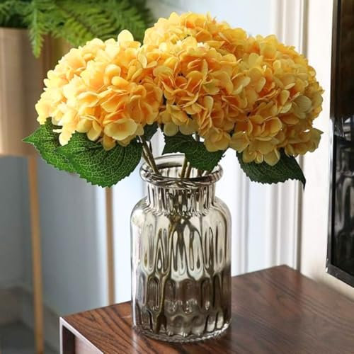 SATYAM KRAFT 1 Stück künstliche Hortensien, künstliche Blumen, Strauß, dekorative Artikel für Heimdekoration, Raumdekorationen, Wohnzimmertisch für Diwali-Dekoration (ohne Vasentopf) (1 Strauß gelb)