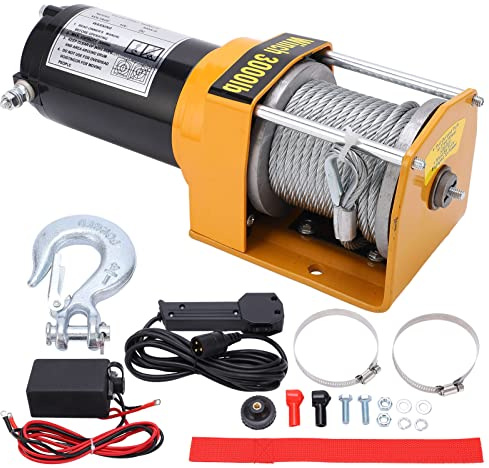 Cabrestante de cable de acero, kit de cabrestante eléctrico de 12 V con cuerda de 5 mm x 10 m 3000LB Control con cable de guía de rodillos de 4 vías para ATV UTV Offroad