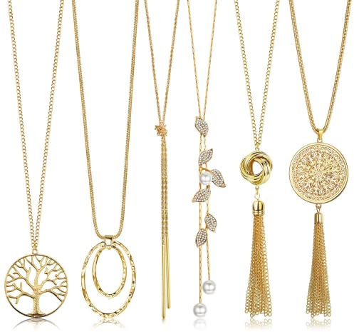 Roheafer 6Pcs Lang Modeschmuck Kette für Damen Lange Quaste Anhänger Halskette Kreis Knoten Bar Feder Blatt Pullover Halskette Statement Kette Aussage Halskette für Frauen
