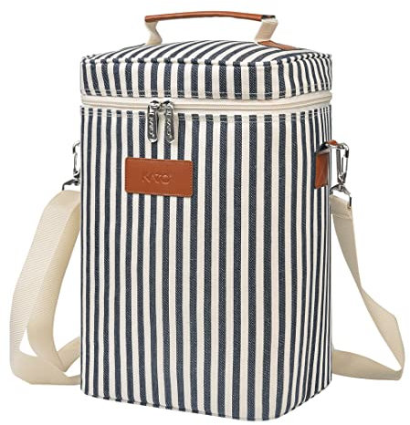 Kato Tirrinia Insulated Wine Cooler Bag with Shoulder Strap - 4 Bottle Travel Padded Portable Wine Carrier Tote Bag for Picnic and Camping, Wine Lover Gift, Striped