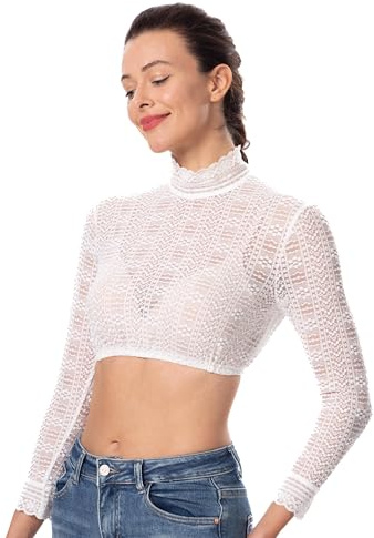 Dirndlwelle Dirndl Bluse Damen Hochgeschlossen Langarm Spitze Dirndl Blusen Weiß Dirndlbluse Langarm Trachtenbluse Damen Beige Trachtenblusen Spitze klassisch Kostüm Größe 36