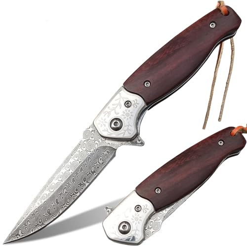 HAPYNY Damast Taschenmesser aus hochwertigem Damaststahl, Outdoor Klappmesser VG10 Kern Holzgriff Einhandmesser für Messerliebhaber und Outdoor Enthusiasten