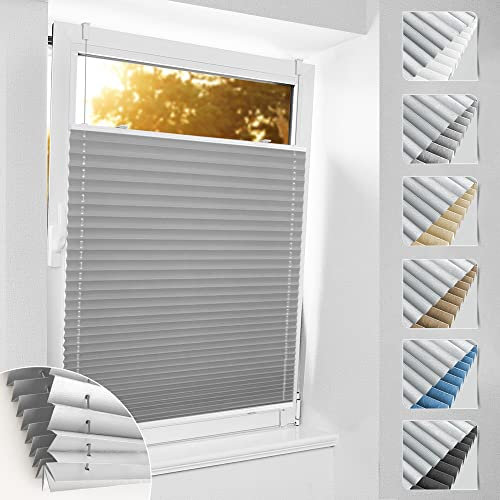 Plissee ohne Bohren Verdunkelung Klemmfix, 95x160cm Hellgrau Thermo Plissee 100% Verdunkelnd & lichtundurchlässig Jalousie, Sichtschutz und Sonnenschutz, Aluminium Rollos für Fenster & Tür