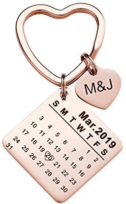 Porte-clés Photo Gravé Calendrier Personnalisé Porte-clés en Acier Inoxydable Personnalisé avec Date Initiale Cadeaux pour Elle Petite Amie Couple Anniversaire