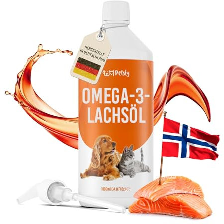 Petsly® Olio di Salmone per Cani e Gatti -1L- Norvegese 100% Selvatico - Ricco di Omega 3, 6, 9, Vitamina E - Pelo Lucente, Pelle Sana, Articolazioni Forti, Sistema Immunitario - Flacone a Pompa