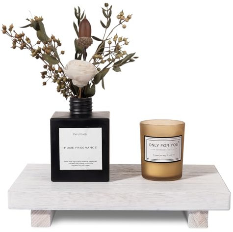 Bandeja de madera pequeña con pedestal para decoración de baño, tarima decorativa de madera para tocador, mostrador o fregadero, 22,9 x 15 cm, color blanco