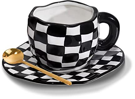 Juego de tazas de café de cerámica a cuadros irregulares, taza de café de tablero de ajedrez pintada a mano de 8 oz con platillo y cuchara, para té con leche, leche, capuchino, hogar ( Color : Black )