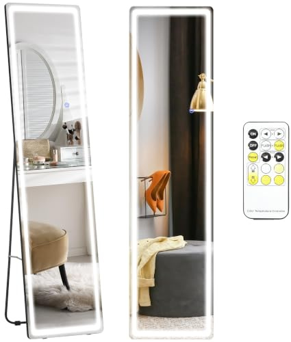 HOMCOM Full-Length Mirror Wall Mounted with LED Lights 160 x 40 cm Black | Freestanding Floor Mirror, Remote Control, Dimming, 3 Colour Modes, for Bedroom