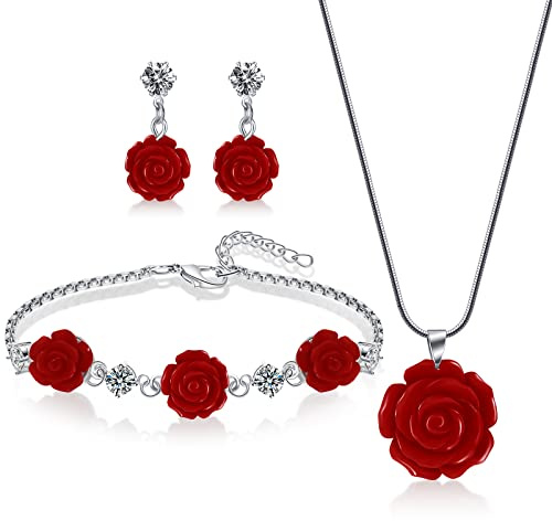 Fiada 1 ensemble de bijoux en résine rose rouge avec pendentifs en forme de fleur, boucles d'oreilles vintage et bracelet avec diamants pour mariée, mariage, Saint-Valentin, fête des mères cadeaux