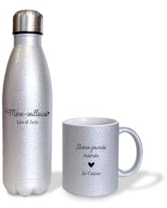 Pack Tasse + Bouteille isotherme pailletée argent personnalisées · Mère-veilleuse · Idée cadeau anniversaire ou fête des mères -