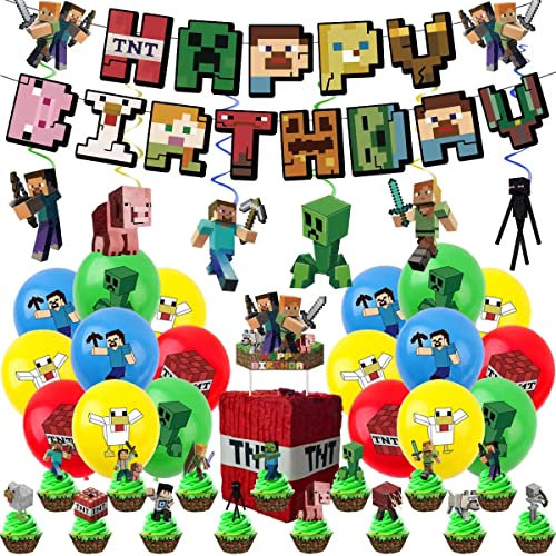 Deluisho Miner Gamer Thema Party Dekoration, Geburtstagsdeko, Luftballons Geburtstag Set Flagge ziehen Latex Aluminium Filmballon-Kombination, Dekorationen für Kindergeburtstage