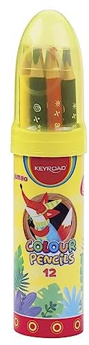 KEYROAD Buntstifte Dreieckig JUMBO - 12 Stück/Mischfarben/Erwachsene und Kinder/Weicher Graphit/Ideal für MalbücherLoch zum Aufhängen/in einer raketenförmigen Metalltube
