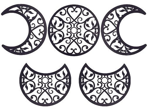 AHANDMAKER 5 Stück Mondphasen-Wanddekoration, Hohlholz, Mondphase, böhmische Wandkunst, Dekor für Wohnzimmer, Mondphase, Wandbehang, Schlafzimmer-Dekor, Heimwanddekoration, mit Herzmuster, schwarz
