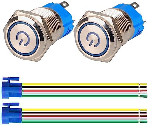 GUUZI 2 Pezzi Interruttore a Pulsante a Scatto 1NO1NC Guscio Impermeabile in Acciaio Inossidabile 220V-230V/5A Anello LED Interruttore Illuminato con Spina Presa Filo Adatto per 16mm (Blu)