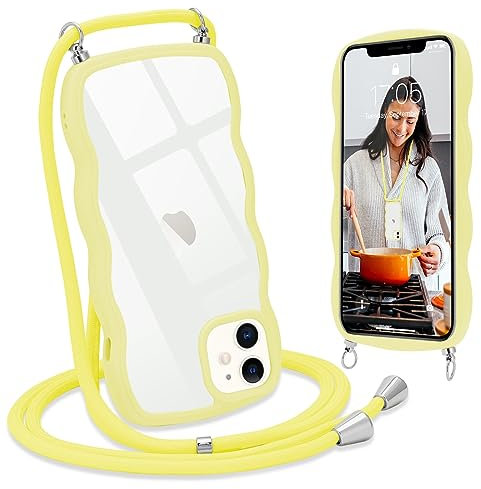 L-FADNUT Chaîne de Téléphone Portable pour iPhone 12/12 Pro Coque avec Lanière Silicone avec Cordon à Porter Autour du Cou Transparent Coque de Protection pour iPhone 12/12 Pro Jaune