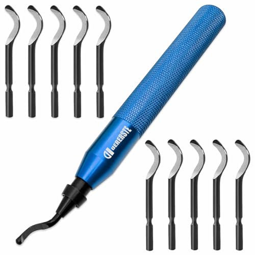 Entgrater mit 1 verlängerten Entgrater und 11 Klingen aus Schnellstahl 360 Grad drehbar für Metall, Kunststoff, Harz, Kupfer, 3D-Druck und PVC-Rohrentgrater (Blue)