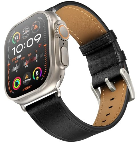 OUHENG Compatible with Apple Watch Ultra 2/Ultra Band, Genuine Leather Band Strap Compatible with Apple Watch Ultra 2/1, Black Band with Titanium Adapter, 49mm/45mm/44mm/42mm