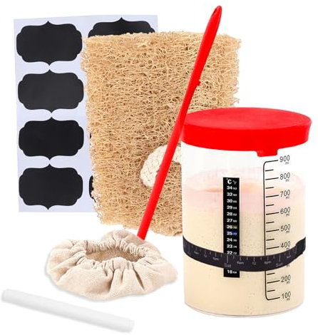 Domigard Sauerteig Starter Set 1000ml Sauerteig Glas mit Datum markiert Fütterung Band, Thermometer, Silikonspachtel, genähter Stoffbezug, Luffa und Markerpapier, ideal zum Brotbacken und Fermentieren