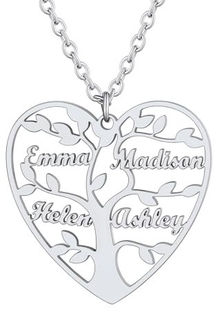 Custom4U Collier 4 Prénoms à Graver Arbre de Vie Pendentif Arbre Coeur Généalogique Prénom Enfant Personnalisé Acier Inoxydable Bijoux pour Famille Maman Grandmère