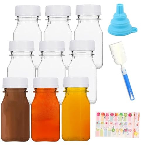 12 Piece Set 120ml Shot Bottles with Lids - Plastic Juice Bottles for Storing Homemade Beverages, Reusable with Label, Funnel and Brush