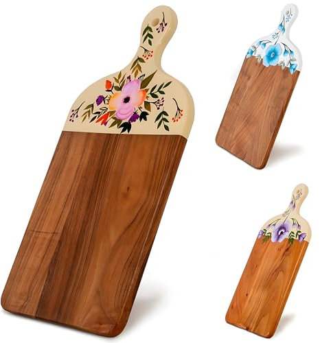 Tagliere in legno di acacia, decorativo, dipinto a mano, motivo floreale, grande e unico tagliere in legno con manico per cucina (53,3 x 25,4 x 2 cm)