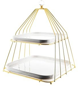 2-stöckige Etagere mit Ständer in Gold aus Edelstahl und passende Teller in Weiß aus Porzellan