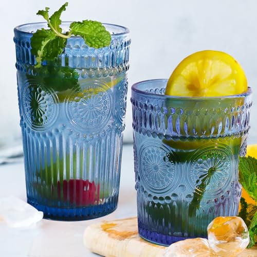Loivttvv 12pcs Vintage Drinking Glasses Set, 12 oz Highball Glasses & 9 oz Embossed Ribbed Glassware Cups for Cocktail, Water, Juice, Coffee, Whiskey (Blue)
