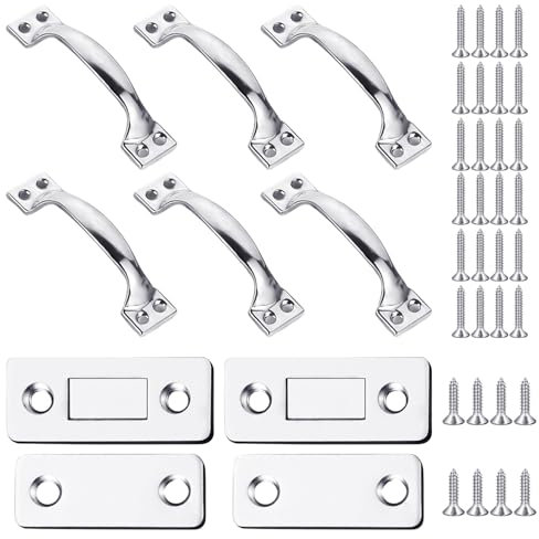 USHXVG 6 Pieces of Door Handles, 2 Pairs of Magnetic Door Catches, Stainless Steel Door Handles, Curved Handles, Wooden Door Handles, Tool Box Handles, Drawer Pull Rods