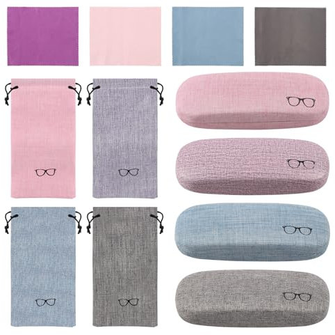 JRJRN 4Pcs Hard Shell Eyeglasses Case, Linen Fabric Protective Glasses Case, Concise Sunglasses Protective Case with Drawstring Pouch, Hard Shell Spectacle Box with Cleaning Cloth for Storage