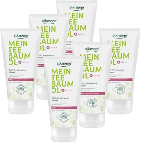 alkmene 6x Teebaumöl Maske gegen Pickel, Mitesser & Unreinheiten vegan 75 ml - 100% bestätigen Pickel Reduktion - Gesichtsmaske Männer & Frauen, Gesichtsmaske Mitesser Maske Männer, Anti Pickel