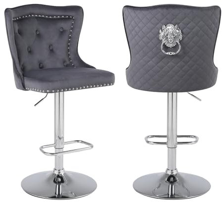 Chummaven Samt Barhocker 2er Set Moderne Tresenhocker mit Hohem Flügelrücken Gepolsterte Barstühle mit Löwenring-Zuggriff Höhenverstellbare Barstühle für Hausbar Dunkelgrau