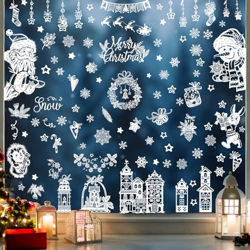 GeeRic 131 Piezas Pegatinas Pegatinas de navidad,9 Hojas de Pegatinas de Ventana de Navidad Decoraciones,Pegatinas Navidad para Ventanas Ventana de Fiesta Adhesivos de PVC Estático Invierno Copos