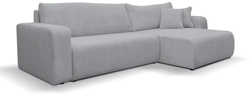 VENASI MÖBEL Luna XL Ecksofa mit Schlaffunktion und Bettkasten Cord-Stoff Schlafsofa Eckcouch Sofa (Grau)