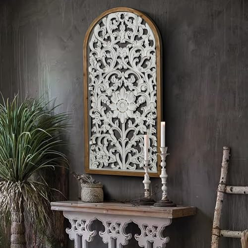 WREVERW Vintage Wanddeko mit Massivholzrahmen und Weißem Dekorativem Schnitzpaneel, Shabby Chic Bogen-Wandpaneel im French Country Stil für Wohnzimmer, Flur oder Schlafzimmer, 37,5 x 78 cm