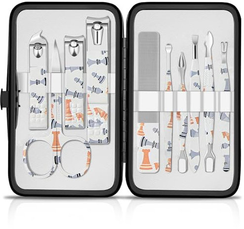 Manicure Set Nail Clippers Kit Professional Manicure Pedicure Care Tools 10pcs Stainless Steel Men Women Personal Care Grooming kit for Home Travel or Gift (Chess)