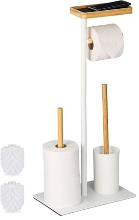 Relaxdays WC Garnitur, Bambus, Eisen, freistehender Klopapierhalter, Toilettenbürste mit Bürstenhalter, weiß/natur
