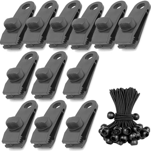 12 PCS Tarp Clips, Waterproof Tarpaulin Clips with 12 Bungee Balls for Securing Canopies Tents Outdoor Pool Covers and Waterproof Fabric for Garden Use