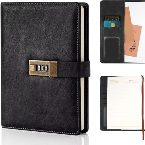 Tagebuch mit Schloss A5, PU Leder Journal mit Zahlenschloss, 240 Seiten, Vintage Reading Journals Tagebuch 120Gsm Papier, Vintage Notizbuch, Leder Journal mit Schloss für Frauen & Männer (Schwarz)