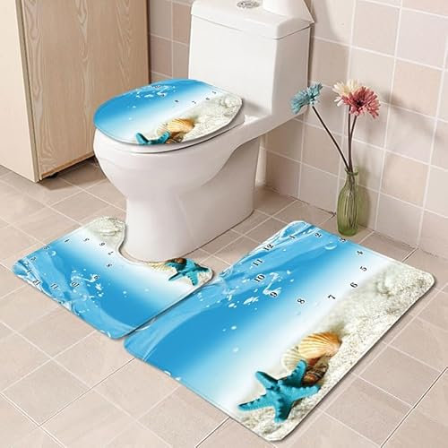 Badezimmerteppich Blauer Seestern WC Vorleger mit Ausschnitt WC Deckelbezug 3 Teiliges WC Teppich rutschfeste Badgarnitur U förmiger Badematte Waschbar Bad Teppiche Set 50x80 cm