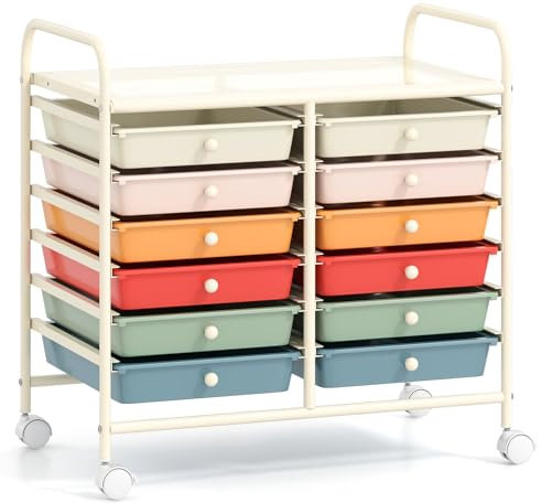 COSTWAY Rollwagen mit 12 stapelbaren Schubladen, Schubladenwagen Rollcontainer mit Metallgestell & Ablagefläche, Badrollwagen Aufbewahrungswagen für Büro, Wohnzimmer, 64 x 38 x 62 cm (Macaron)