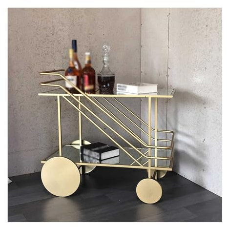Eleganter Barwagen mit Zwei Ebenen aus Glas und Metall mit Rollen zur Lagerung und zum Servieren von Kaffee und Wein (Gold XL)