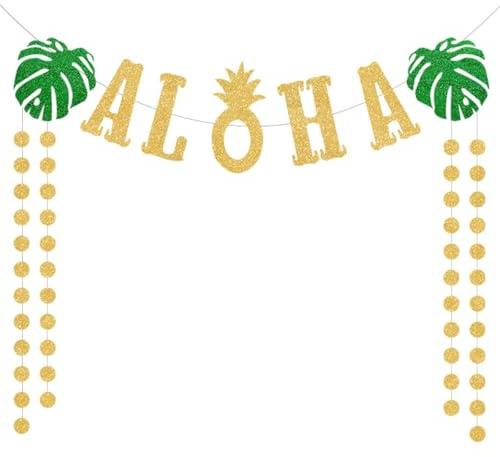 LGWJHCY Hawaii Aloha Banner Golden Glitter Tropical Turtle Leaves & Golden Glitter Polka Dot Garland, Hawaii Tropical Luau Beach Summer Party Decoration.