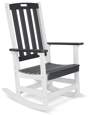COWVIE Outdoor Rocking Chair, Ergonomic HDPE Rockers with All-Weather Design for Patio or Porch, Dark Gray and White