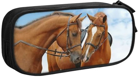 WYYDPPLK Schöne Pferde Pencase mit Volldruck Design - Strapazierfähiges Oxford Tuch Federmäppchen für Schule, Büro & Reisen - Multi Pocket Aufbewahrungstasche für Stifte, Make-up & Zubehör, Schwarz