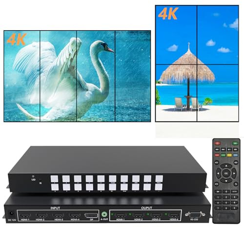 ICUIXIAN HDMI-Videowand-Controller 2x2 4K60Hz 4x4 Multi-View Seamless HDMI-Matrix, 4 Hdmi-EIN-/Ausgänge, 18 Gbit/s, HDmi 2.0, HDCP 2.2, RS-232, 90-180-270° Drehung, 2x2 TV-Wand-Controller (UDP-0404)